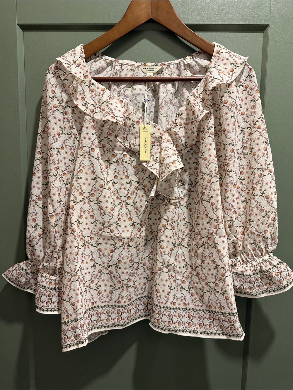 Max Studio Cream Ruffle Front Floral Top - NWT